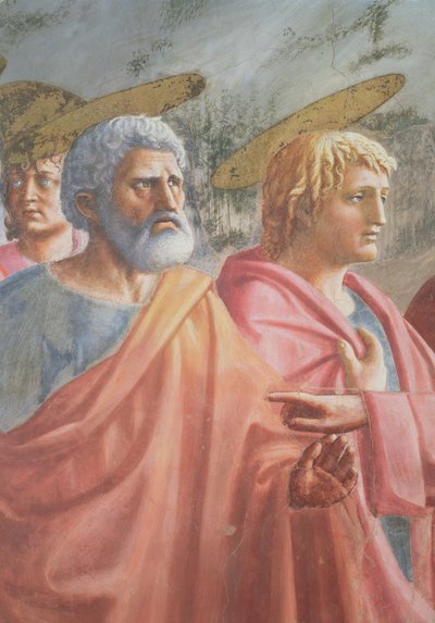 Zinsgroschen: St. Peter von Christus beauftragt, einen Fisch zu fangen, auch St. Johannes der Evangelist, ca. 1427 von Tommaso Masaccio